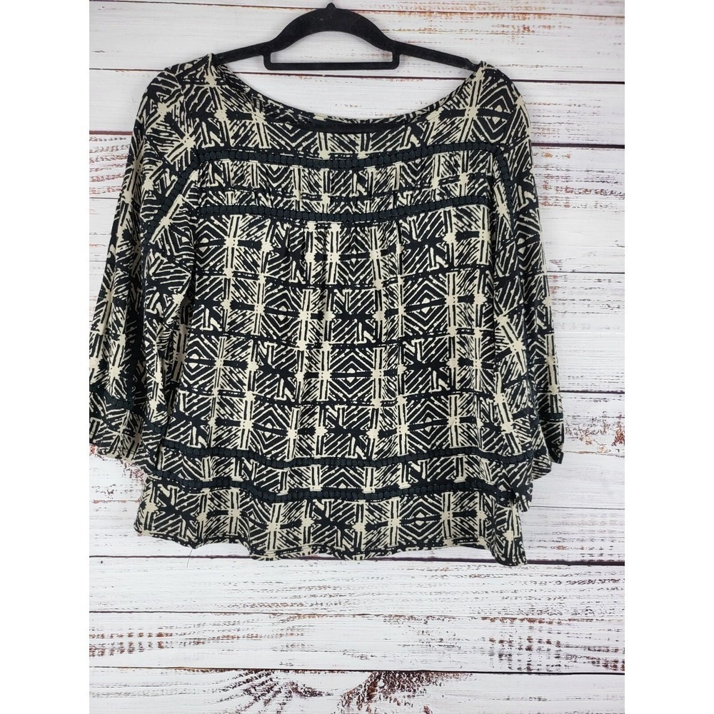 Lucky Brand 3/4‎ Sleeve Top L Womens Black White Pullover BOHO Boat Neck Top